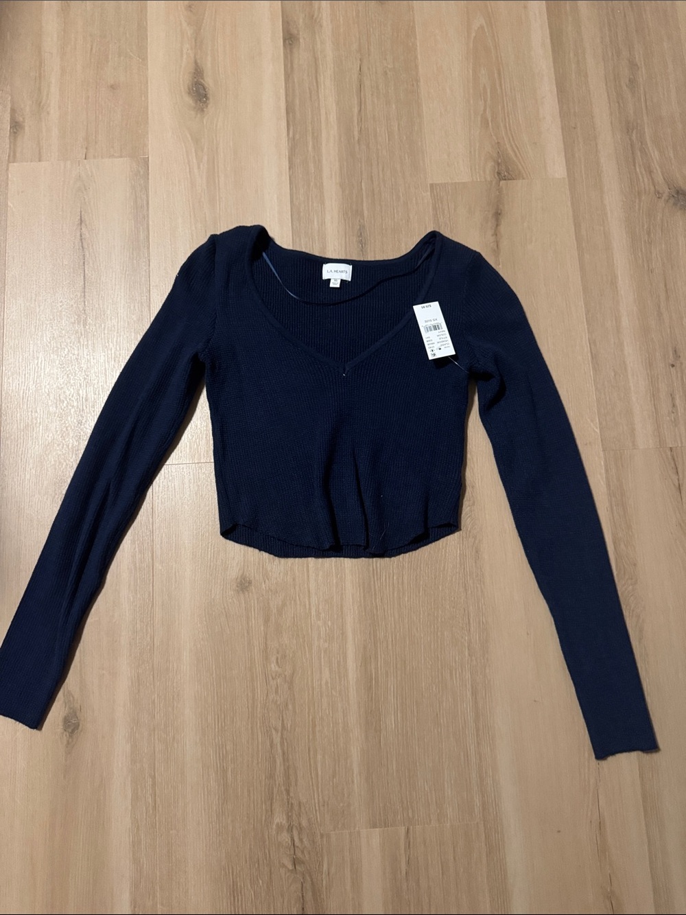 La Hearts Navy Ribbed V-Neck Long Sleeve Crop Top